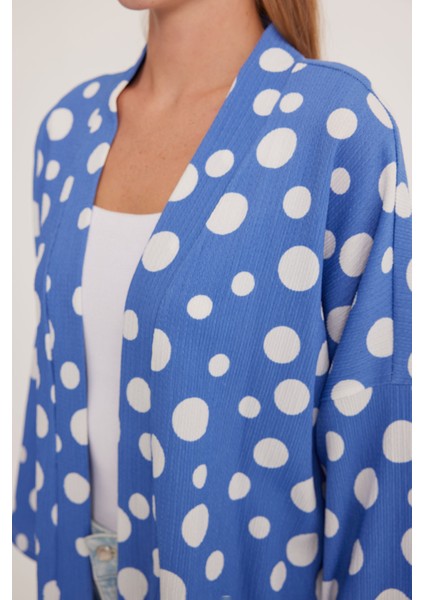 Kadın Mavi Beyaz Puantiyeli Örme Kimono 5862