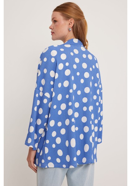 Kadın Mavi Beyaz Puantiyeli Örme Kimono 5862