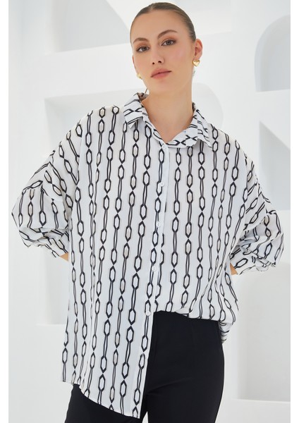 Kadın Siyah Beyaz Desenli Oversize Saten Gömlek 3985