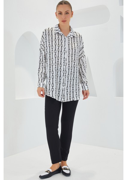 Kadın Siyah Beyaz Desenli Oversize Saten Gömlek 3985 fiyatları