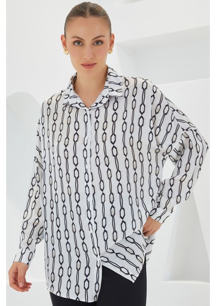 Kadın Siyah Beyaz Desenli Oversize Saten Gömlek 3985 modelleri