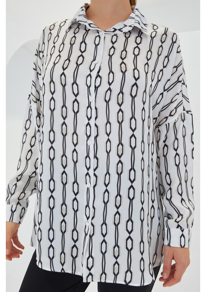 Kadın Siyah Beyaz Desenli Oversize Saten Gömlek 3985 fırsatları