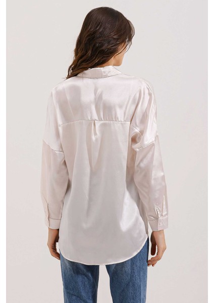 3985 Oversize Saten Gömlek - Bej fırsatları