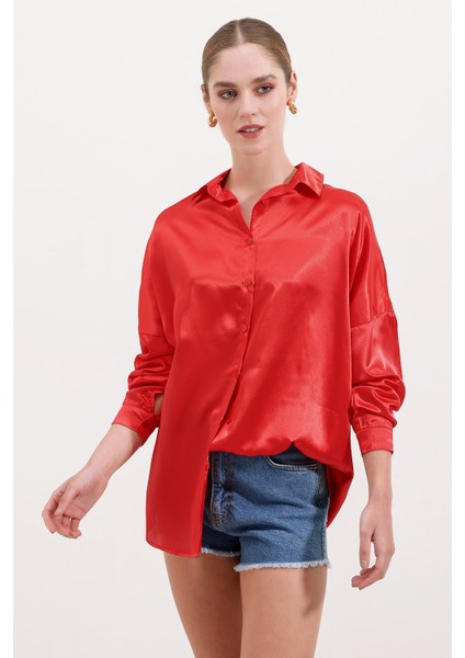 3985 Oversize Saten Gömlek - Kırmızı