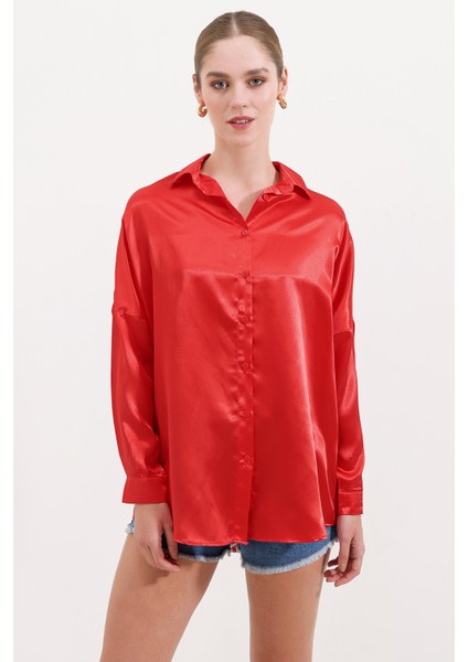 3985 Oversize Saten Gömlek - Kırmızı