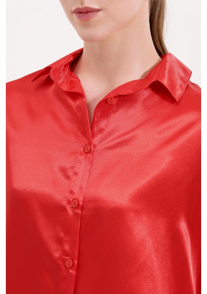 3985 Oversize Saten Gömlek - Kırmızı