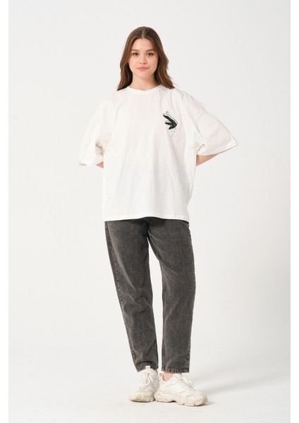 Owut Kadın Koyu Yeşil Bisiklet Yaka Baskı Detaylı Oversize T-Shirt