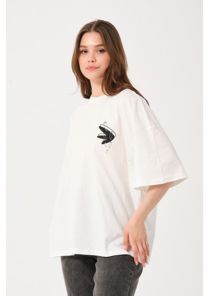 Owut Kadın Koyu Yeşil Bisiklet Yaka Baskı Detaylı Oversize T-Shirt