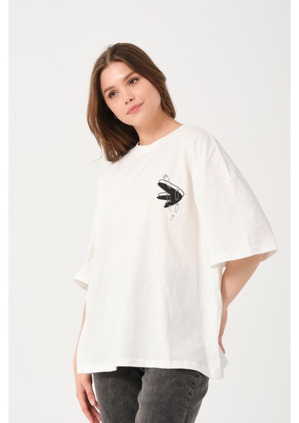 Owut Kadın Koyu Yeşil Bisiklet Yaka Baskı Detaylı Oversize T-Shirt