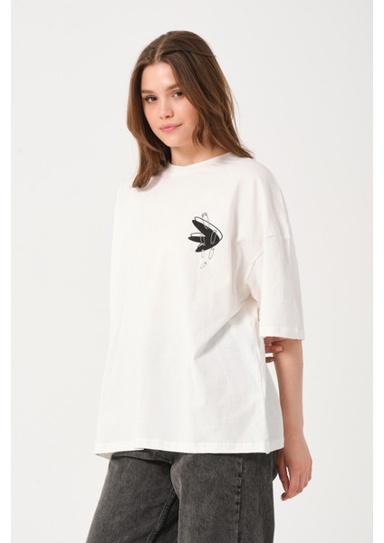 Owut Kadın Koyu Yeşil Bisiklet Yaka Baskı Detaylı Oversize T-Shirt