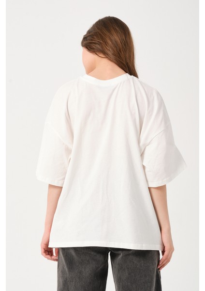Owut Kadın Koyu Yeşil Bisiklet Yaka Baskı Detaylı Oversize T-Shirt