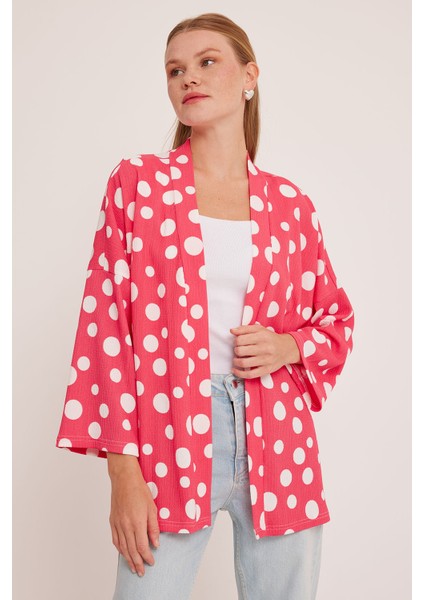 Kadın Nar Beyaz Puantiyeli Örme Kimono 5862