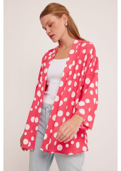 Kadın Nar Beyaz Puantiyeli Örme Kimono 5862