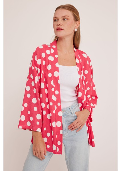 Kadın Nar Beyaz Puantiyeli Örme Kimono 5862