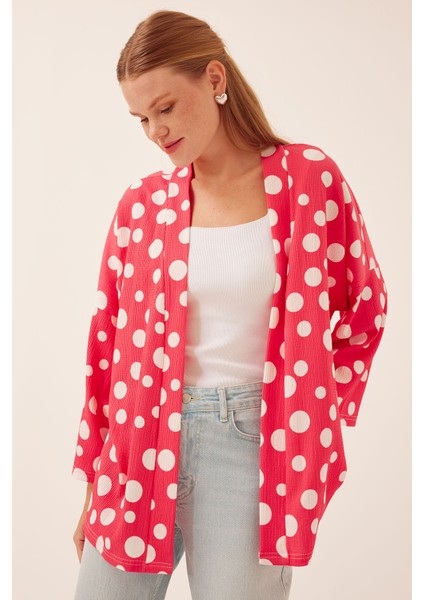 Kadın Nar Beyaz Puantiyeli Örme Kimono 5862