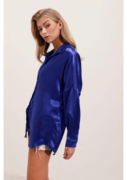 3985 Oversize Saten Gömlek - Saks indirimleri