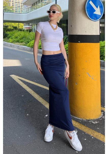 Lacivert Yandan Büzgülü Maxi Etek MG2085
