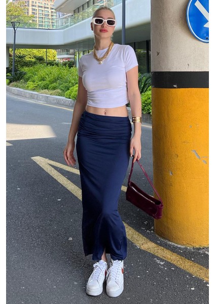 Lacivert Yandan Büzgülü Maxi Etek MG2085 modelleri