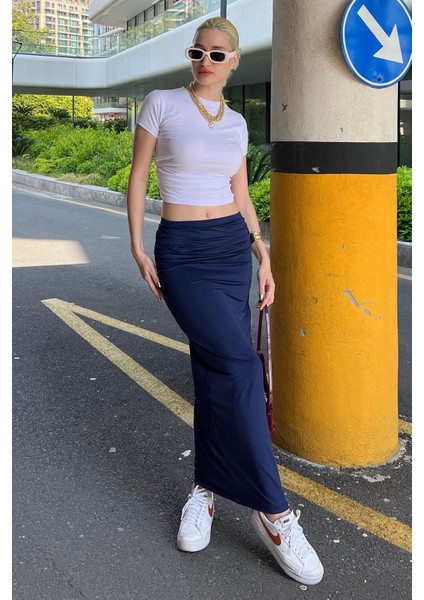 Lacivert Yandan Büzgülü Maxi Etek MG2085 fırsatları