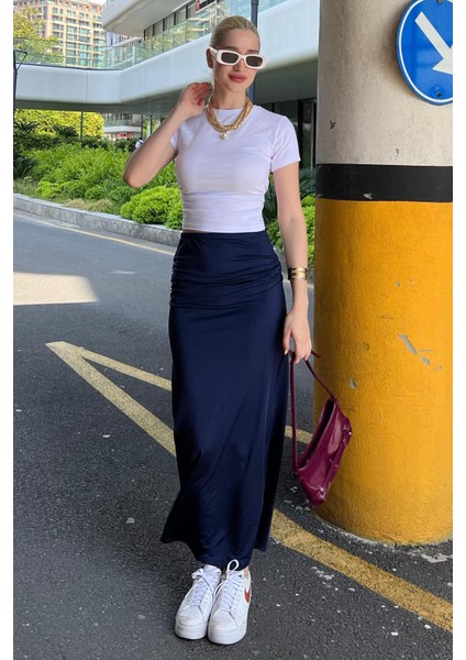 Lacivert Yandan Büzgülü Maxi Etek MG2085 indirimleri