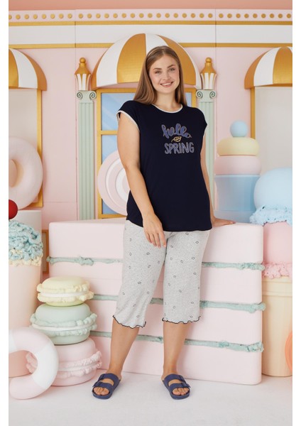 Kadın Büyük Beden Kısa Kol Kapri Lacivert Pijama Takım C2T4N7O51