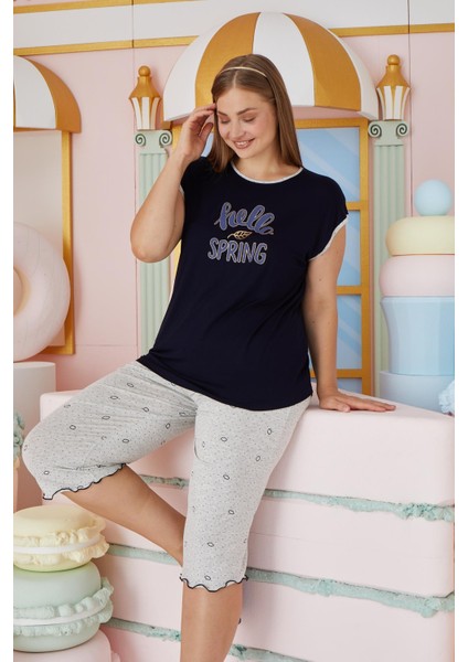 Kadın Büyük Beden Kısa Kol Kapri Lacivert Pijama Takım C2T4N7O51