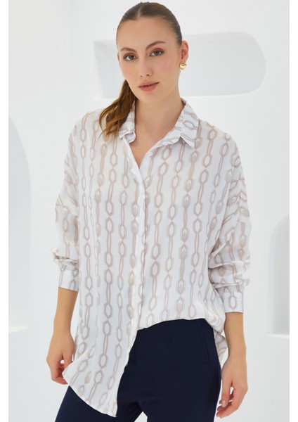 Kadın Bej Beyaz Desenli Oversize Saten Gömlek 3985