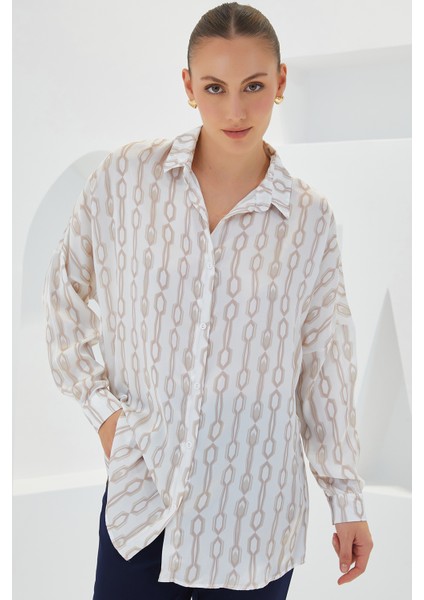 Kadın Bej Beyaz Desenli Oversize Saten Gömlek 3985 modelleri