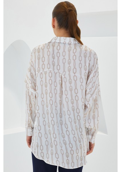 Kadın Bej Beyaz Desenli Oversize Saten Gömlek 3985 indirimleri