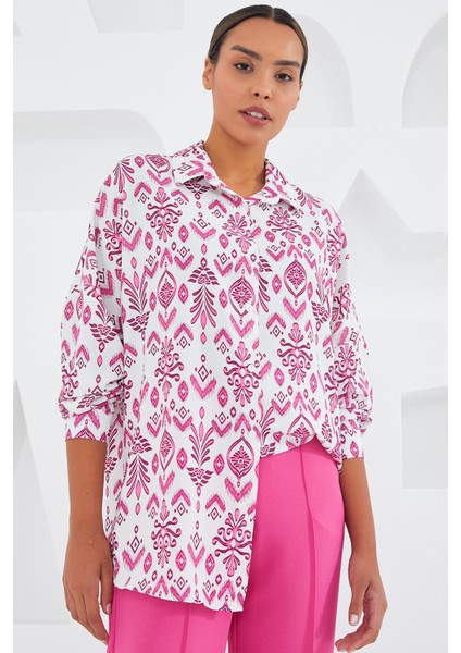 Kadın Fuşya Beyaz Desenli Oversize Saten Gömlek 3985