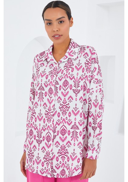 Kadın Fuşya Beyaz Desenli Oversize Saten Gömlek 3985 fiyatları