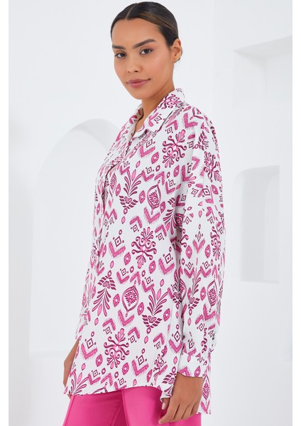 Kadın Fuşya Beyaz Desenli Oversize Saten Gömlek 3985 modelleri