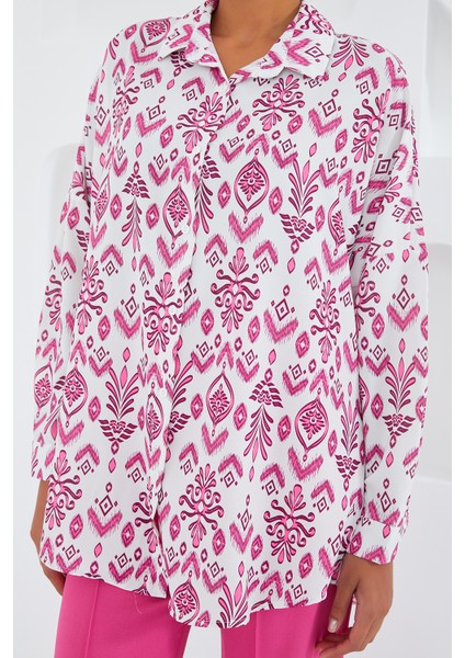 Kadın Fuşya Beyaz Desenli Oversize Saten Gömlek 3985 fırsatları