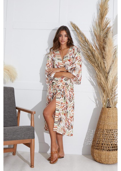 Kadın Uzun Kol Desenli Uzun Kimono C3T3N5O51