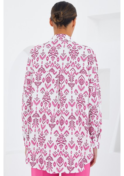 Kadın Fuşya Beyaz Desenli Oversize Saten Gömlek 3985 indirimleri