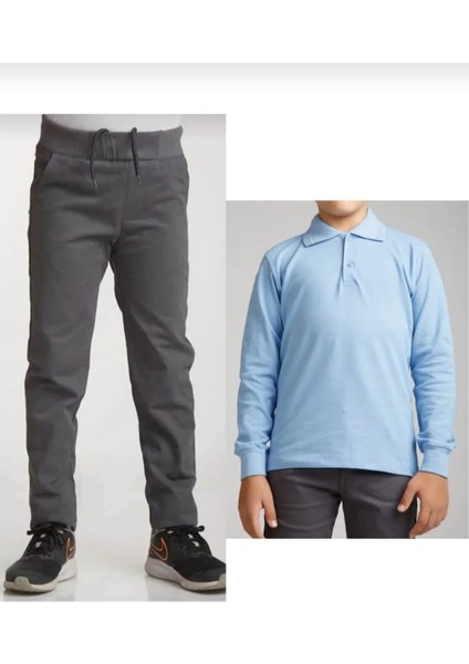 Unisex Çocuk Ribana Bel Lastikli Gri Okul Pantolon + Uzun Kol Pamuk Lakos