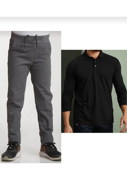 Unisex Çocuk Ribana Bel Lastikli Gri Okul Pantolon + Uzun Kol Pamuk Lakos