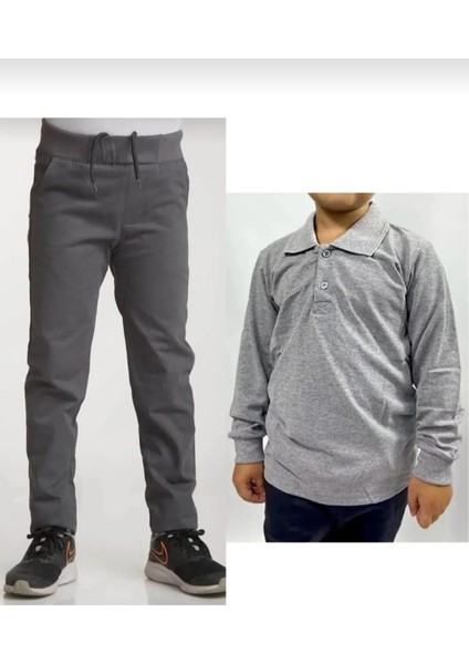 Unisex Çocuk Ribana Bel Lastikli Gri Okul Pantolon + Uzun Kol Pamuk Lakos