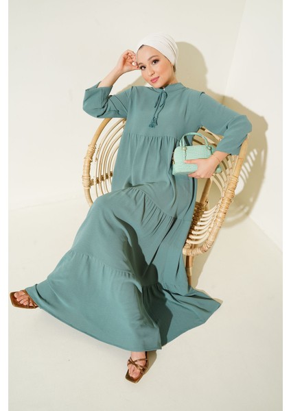 1627 Yaka Bağcıklı Tesettür Elbise - D. Mint fiyatları