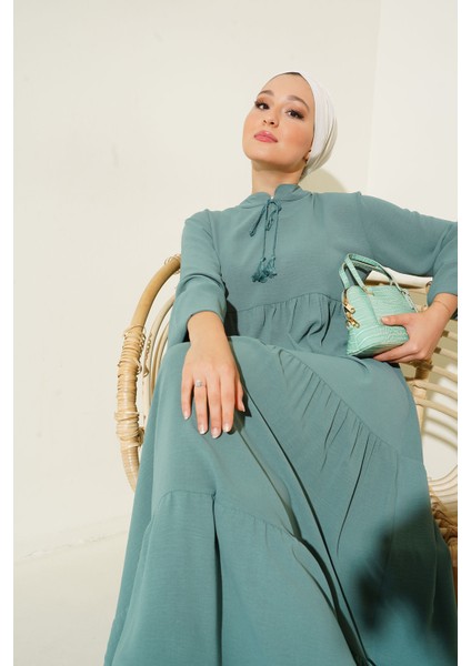 1627 Yaka Bağcıklı Tesettür Elbise - D. Mint modelleri