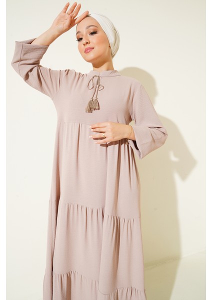 1627 Yaka Bağcıklı Tesettür Elbise - C. Bej fırsatları