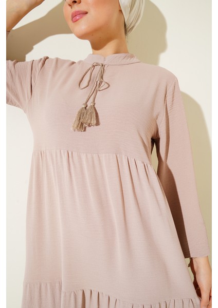 1627 Yaka Bağcıklı Tesettür Elbise - C. Bej indirimleri