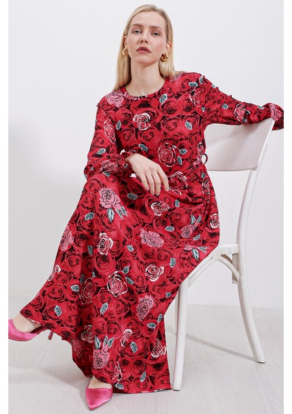 1525 Örme Tesettür Elbise - K. Kırmızı