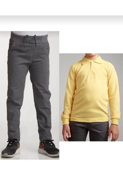 Unisex Çocuk Ribana Bel Lastikli Gri Okul Pantolon + Uzun Kol Pamuk Lakos