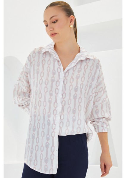 Kadın Pudra Beyaz Desenli Oversize Saten Gömlek 3985