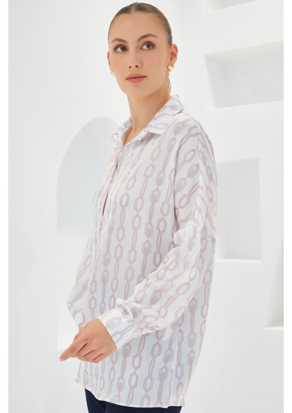 Kadın Pudra Beyaz Desenli Oversize Saten Gömlek 3985 modelleri