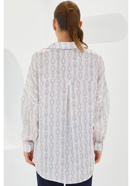 Kadın Pudra Beyaz Desenli Oversize Saten Gömlek 3985 indirimleri