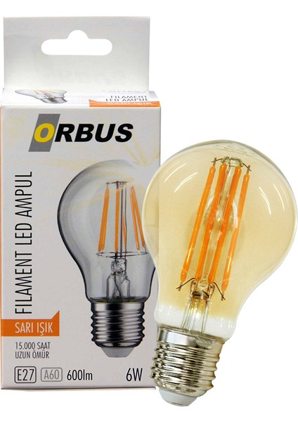 ORB-F6W E27 600 Lmn 6 Watt Filament Amber LED Ampul Sarı Işık Enerhi Tasarruflu Rustik Ampul