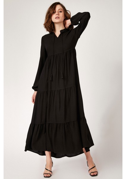 T1627 Yaka Bağcıklı Elbise - Siyah