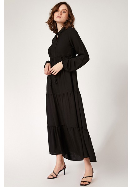 T1627 Yaka Bağcıklı Elbise - Siyah fiyatları